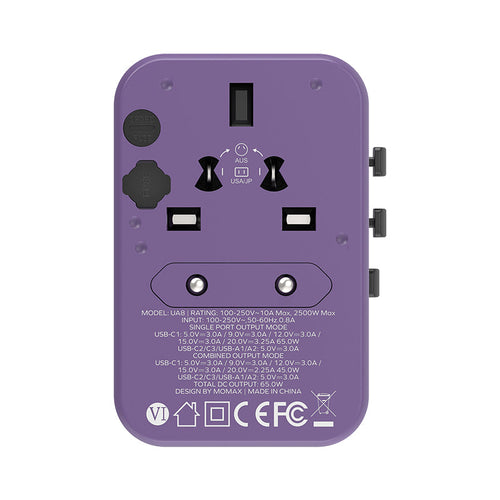 Momax UA8U 1-World 65W GaN AC Travel Adaptor (Purple)