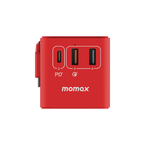 Momax UA18R 1-World 70W GaN 3-Port + AC Travel Adapter With Built-in USB-C Cable (Red)