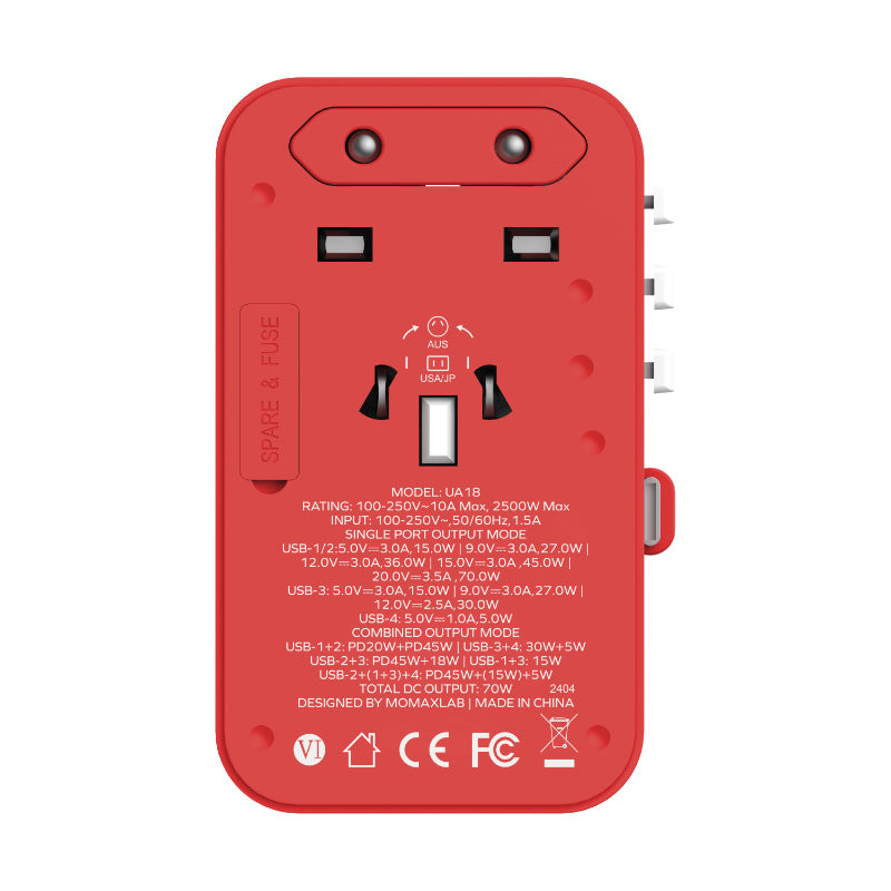 Momax UA18R 1-World 70W GaN 3-Port + AC Travel Adapter With Built-in USB-C Cable (Red)
