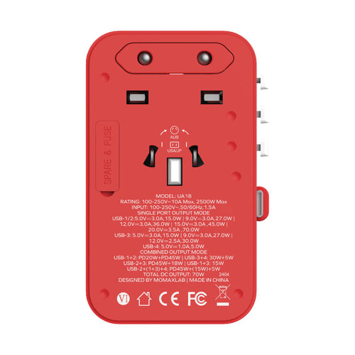 Momax UA18R 1-World 70W GaN 3-Port + AC Travel Adapter With Built-in USB-C Cable (Red)