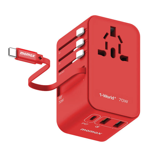 Momax UA18R 1-World 70W GaN 3-Port + AC Travel Adapter With Built-in USB-C Cable (Red)