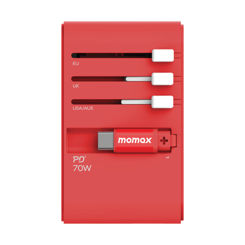 Momax UA18R 1-World 70W GaN 3-Port + AC Travel Adapter With Built-in USB-C Cable (Red)